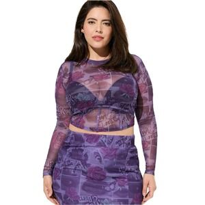 Torrid Betsey Johnson Mesh Top Plus Size 4X Purple Roses Graphic Print Sheer